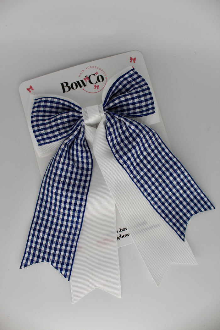 School Navy Blue Gingham Classic Tail Bow - Clip