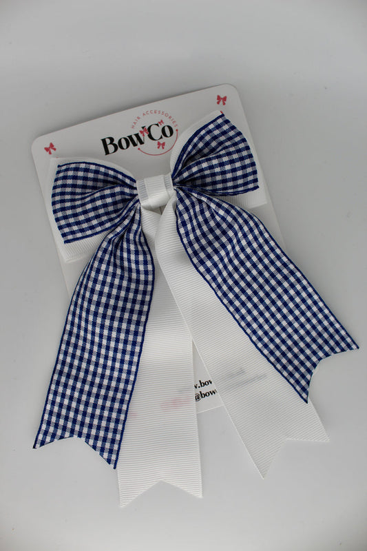 School Navy Blue Gingham Classic Tail Bow - Clip