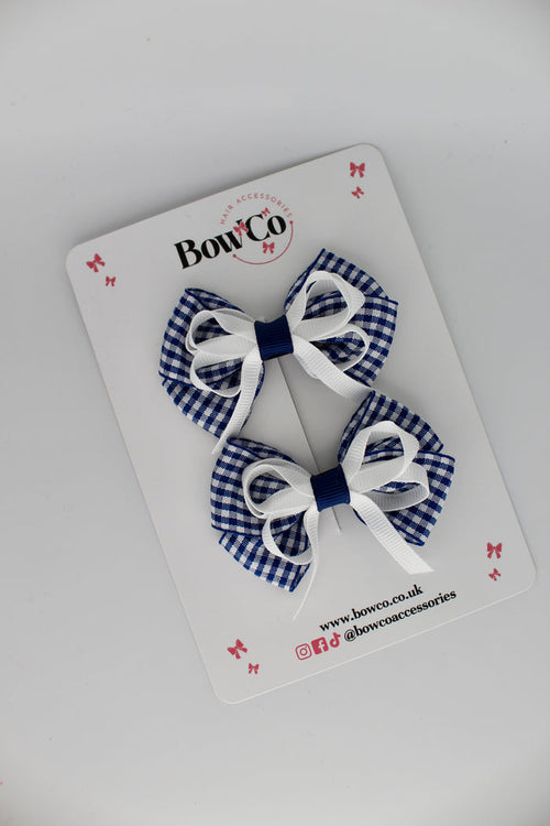 School Navy Blue Gingham Double Bow Set - Clip