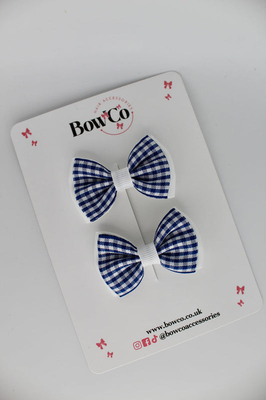 School Navy Blue Gingham Double Lapel Bow Set - Clip