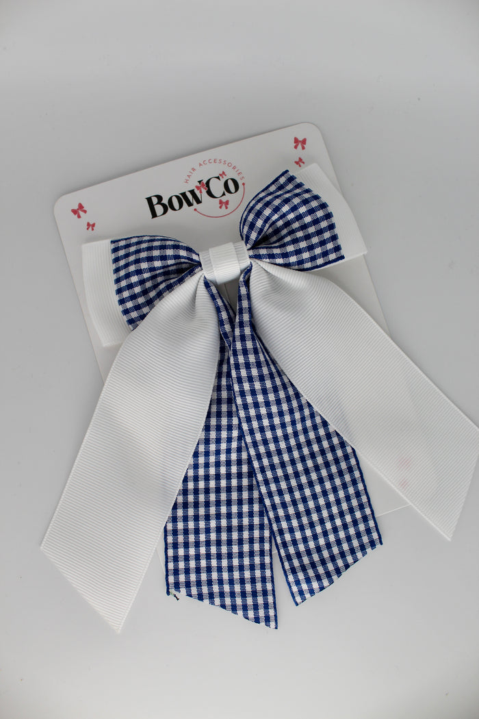 School Navy Blue Gingham Double Layer Tail Bow - Clip