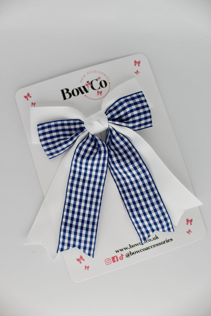 School Navy Blue Gingham Double Ribbon Tail Bow - Clip