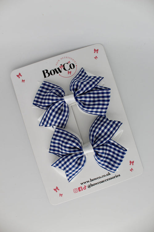School Navy Blue Gingham Layer Tail Bow Set - Clip