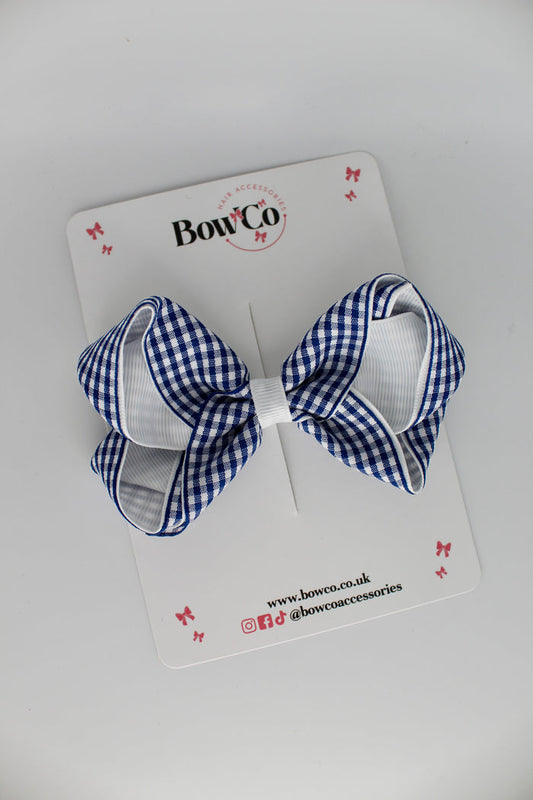 School Navy Blue Gingham Loop Bow - Clip