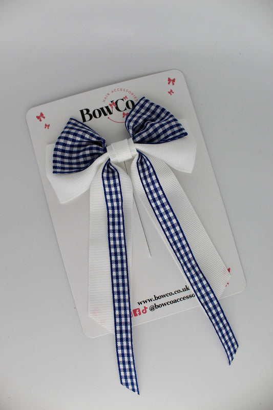 School Navy Blue Gingham Streamer Tail Bow - Clip