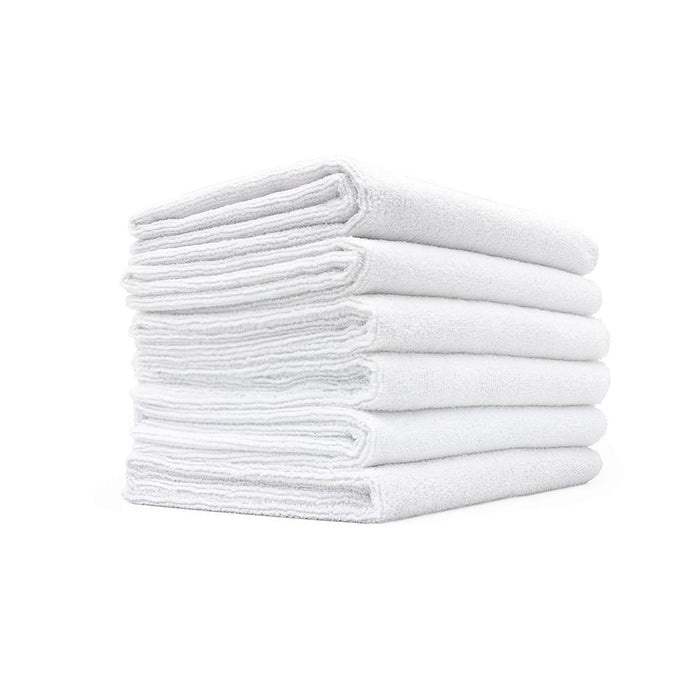 The Rag Company Spa and Workout white towels pack of 6 on a white background.