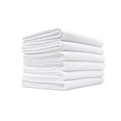 The Rag Company Spa and Workout white towels pack of 6 on a white background.