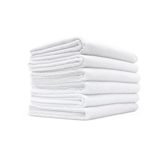 The Rag Company Spa and Workout white towels pack of 6 on a white background.