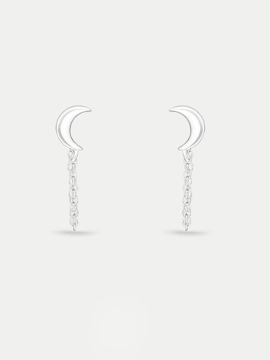 Sterling Silver Moon Drop Chain Stud Earrings | Silver-Image 1