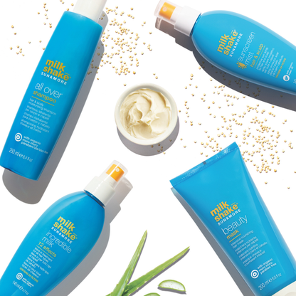 milk_shake summer products including shampoo, sunscreen, and hair mist on a white background with visible branding.
