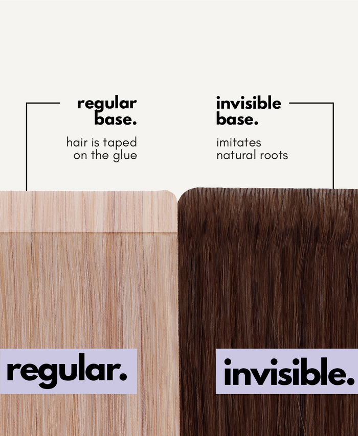Comparison of 'regular' and 'invisible' hair base types of tape-ins with text labels on a white background.