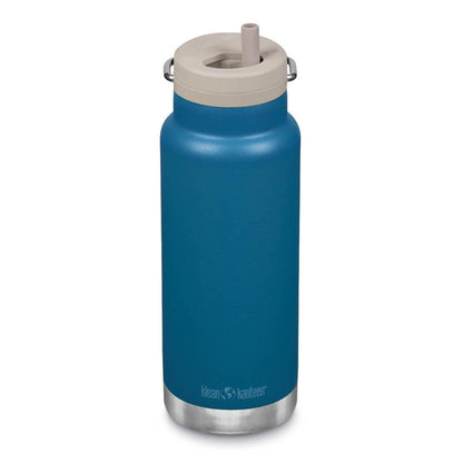 Klean Kanteen TK Wide Insulated Water Bottle 946ml with Twist Cap - Corsair. Blue bottle with beige lid & straw on a white background.