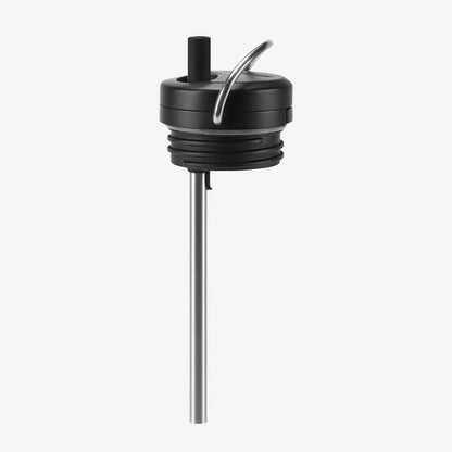 View of twist cap with metal carry loop, built in steel straw with silicone tip.