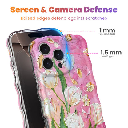 Pink wavy iPhone case featuring painterly white and pink tulips with green stems and iridescent finish.