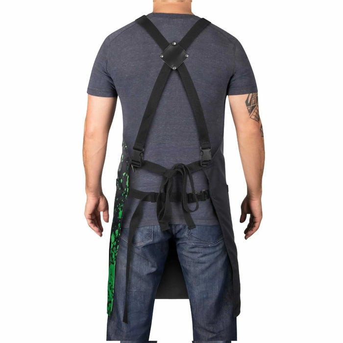 StyleCraft Radioactive Apron Person wearing a dark apron with suspenders on a white background