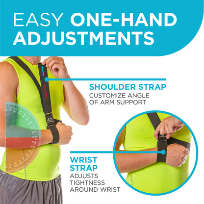 adjust the shoulder strap and wrist strap on the arm immobilizer with one hand