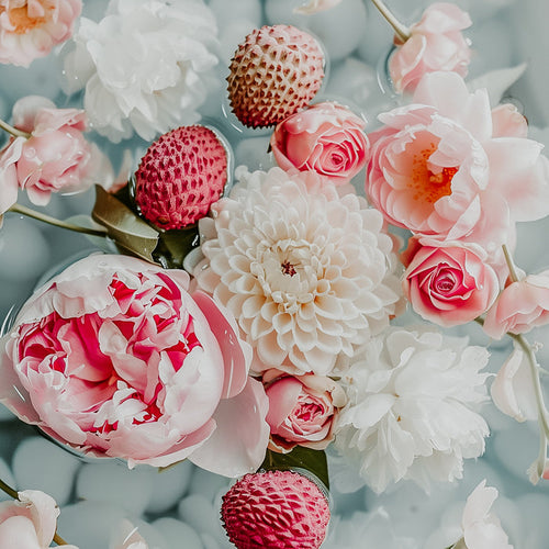 A selection of flowers including white peonies and lychee fruits, indicative of the fragrance oils available.