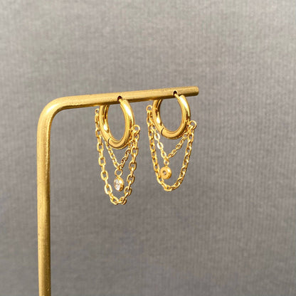 Zircon inlaid chain Fringe 18K Golden SS huggie Earrings-FGS