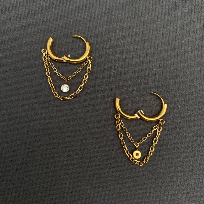 Zircon inlaid chain Fringe 18K Golden SS huggie Earrings-FGS